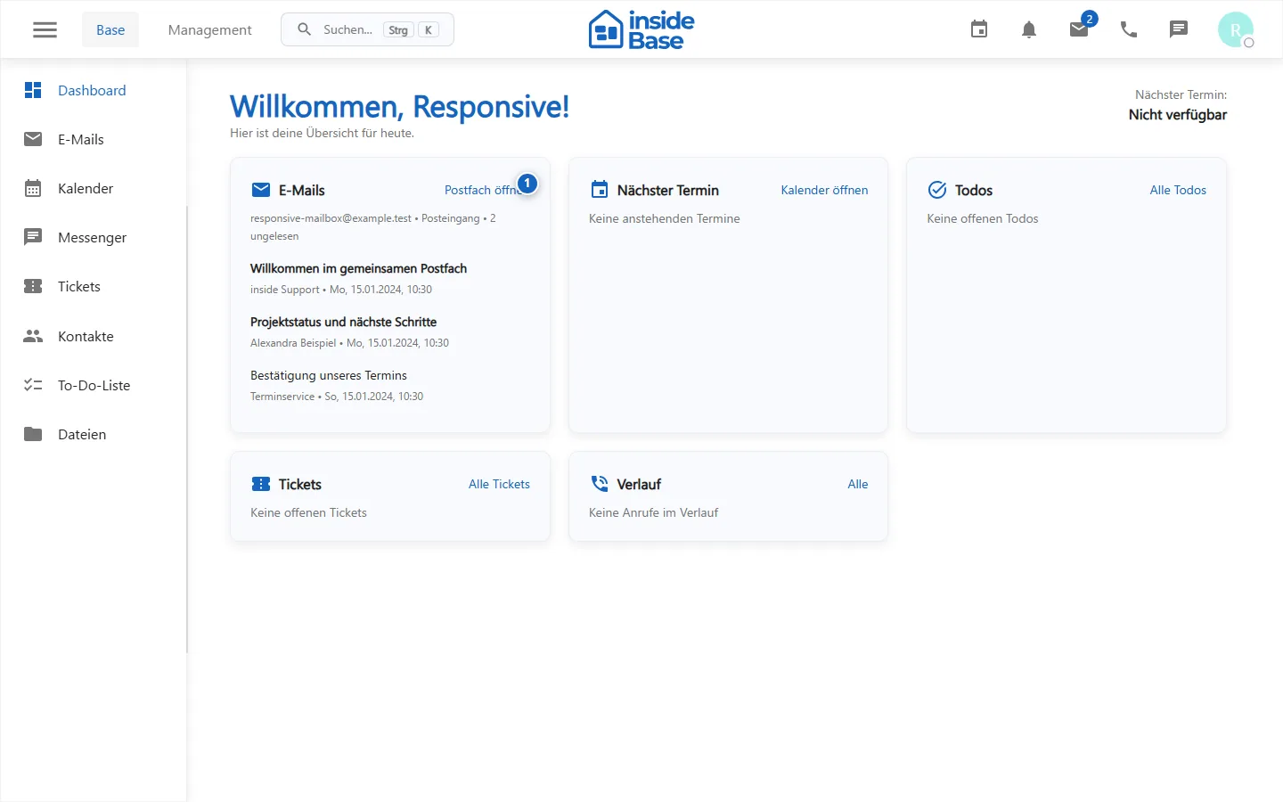 Dashboard mit den wichtigsten Arbeitskarten