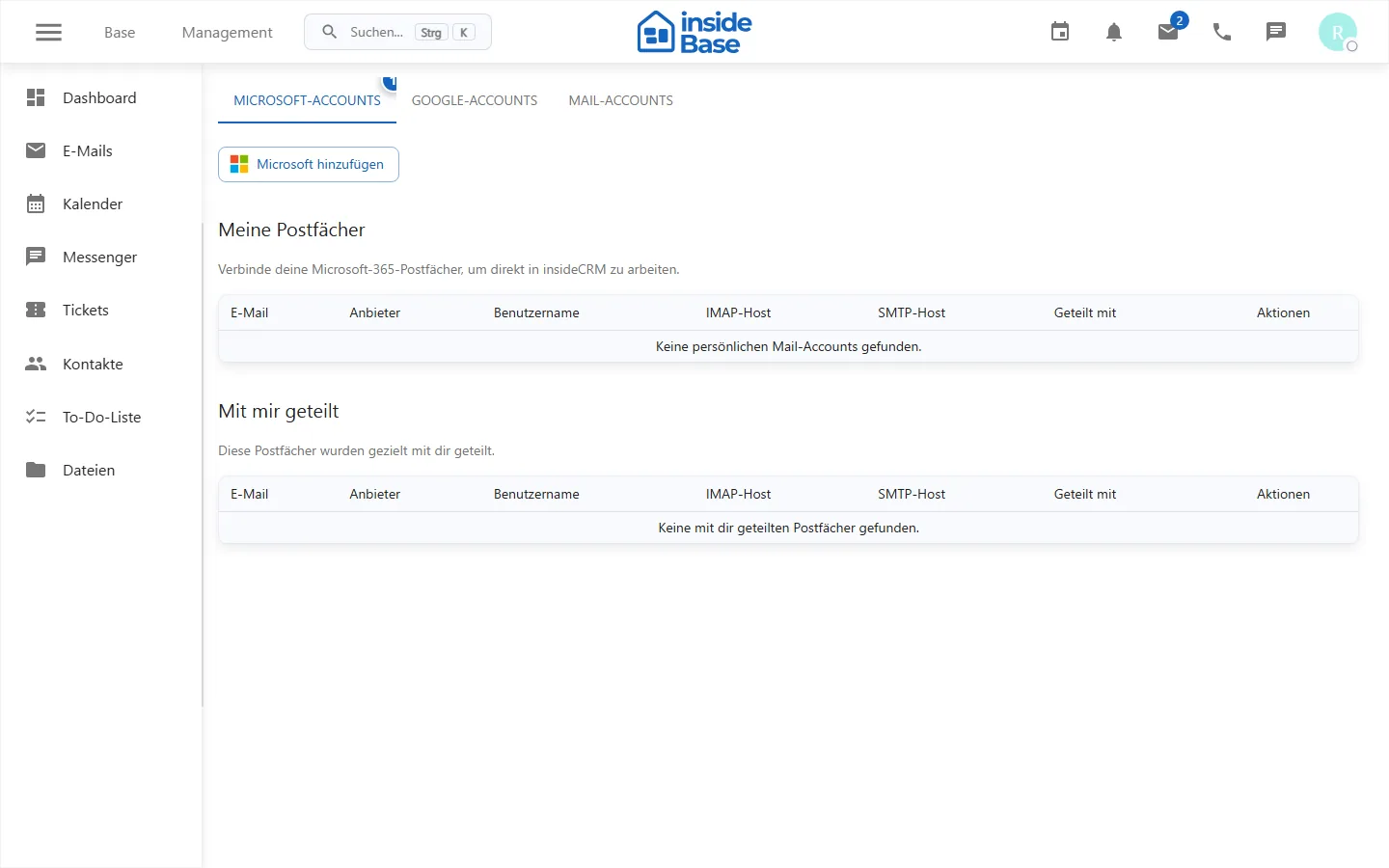 Übersicht der verbundenen Mailkonten
