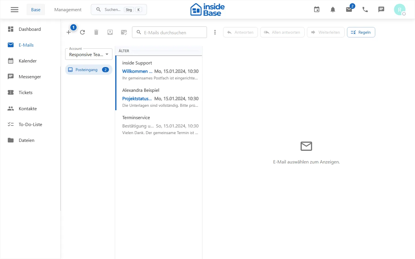 Mailbox mit Ordnern, Nachrichtenliste und Inhalt