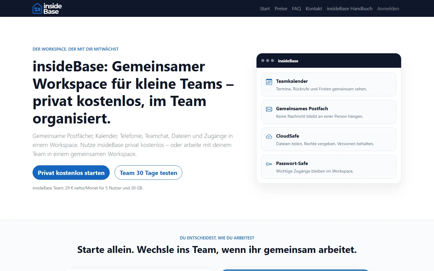 Öffentliche Produktübersicht mit den zentralen Einstiegen