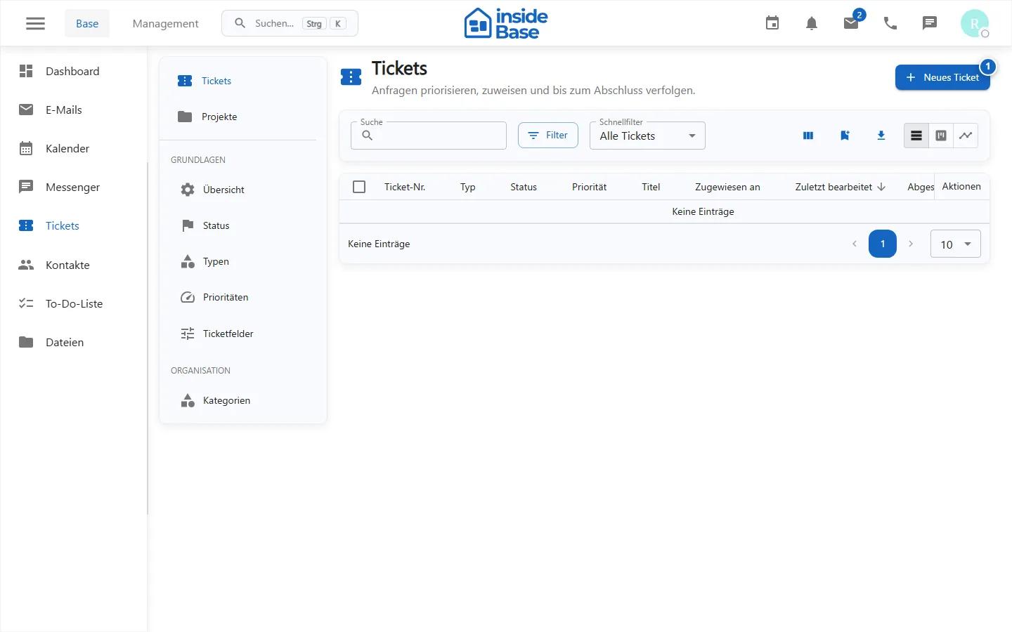 Ticketübersicht mit Filtern und Status
